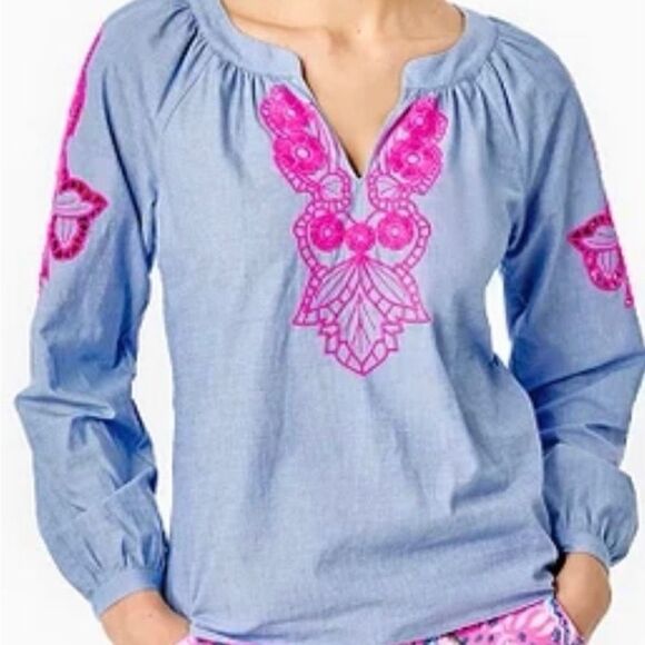 New Lilly Pulitzer Blue Chambray Hot Pink Amabella Embroidered Top - Picture 7 of 7
